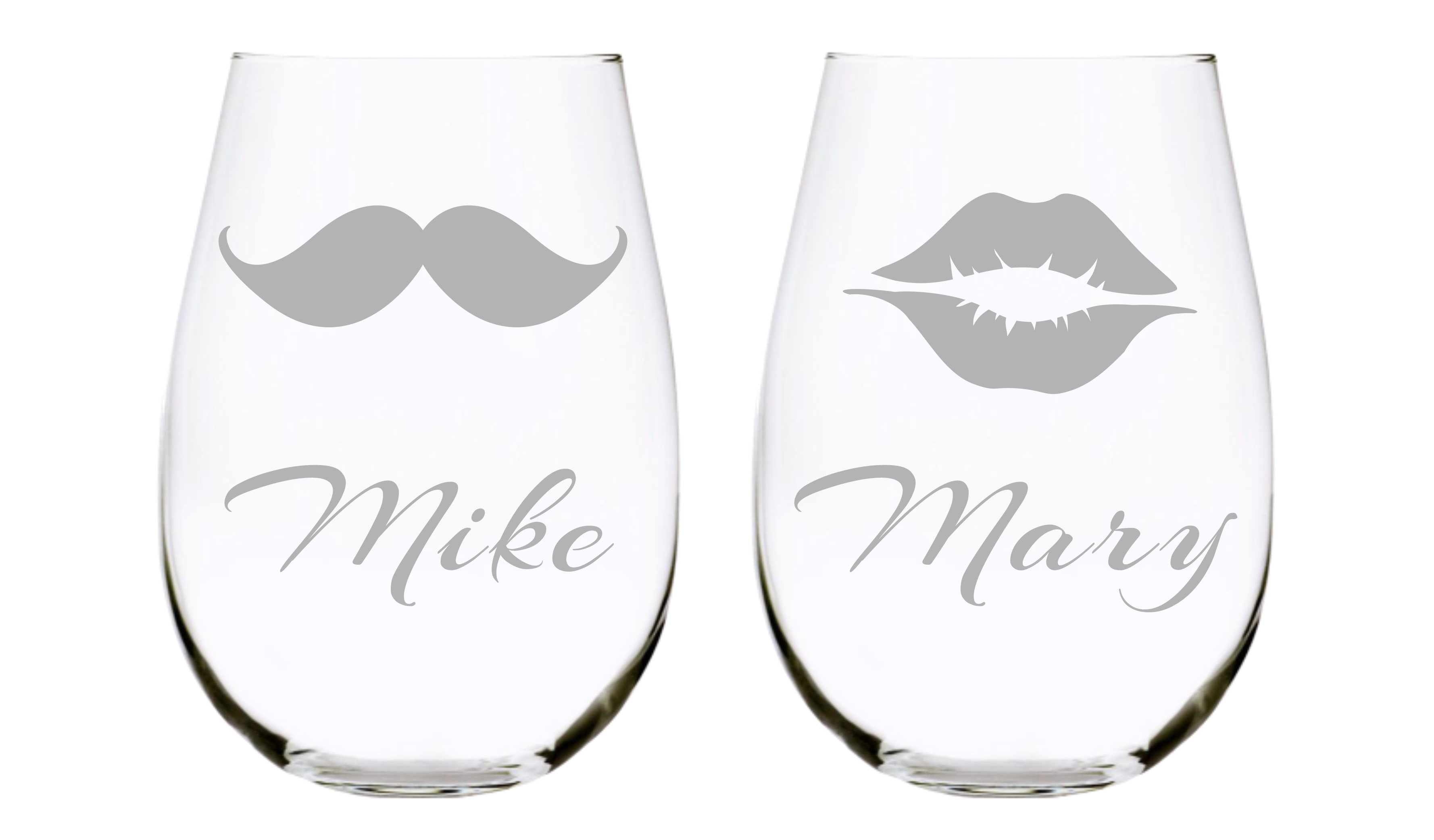 Personalized Stemless Wine Glass Set with Names with Mustache and Lips