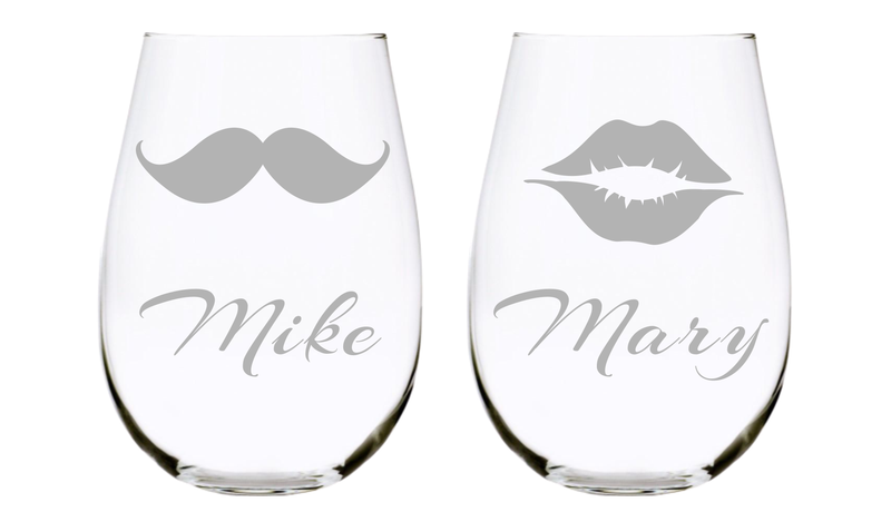 Personalized Stemless Wine Glass Set with Names with Mustache and Lips(set of two), 17 oz. Lead Free Crystal