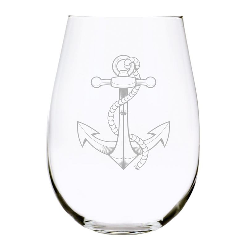 Nautical Anchor stemless wine glass, 17 oz.