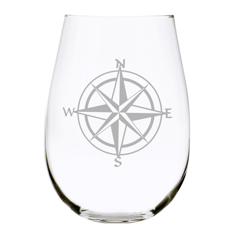 Nautical compass  stemless wine glass, 17 oz.