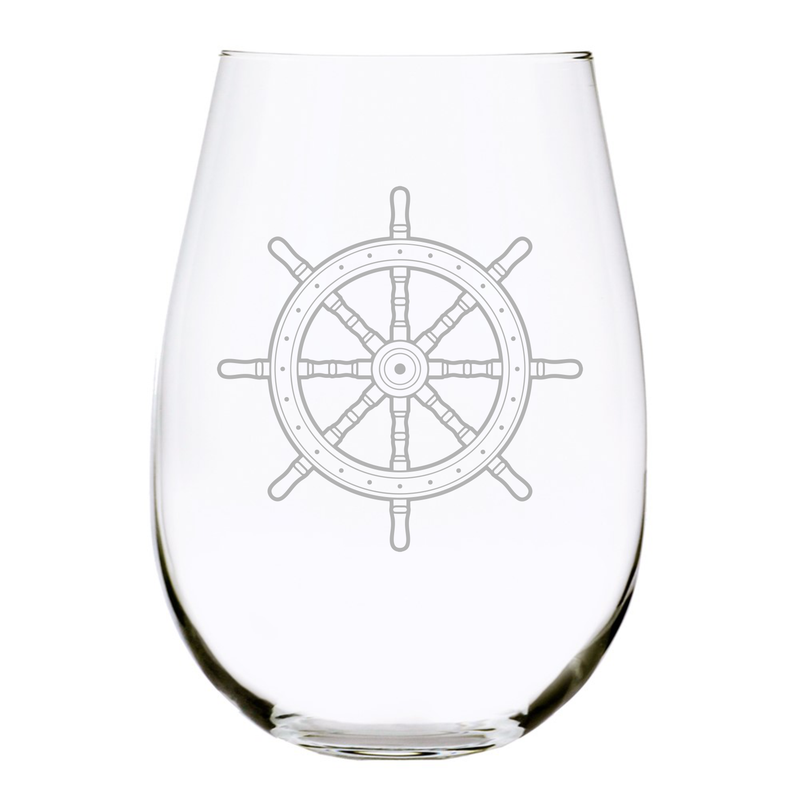 Nautical ship wheel  stemless wine glass, 17 oz.