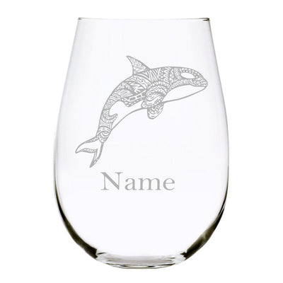 Orca with name 17oz. Lead Free Crystal stemless wine glass