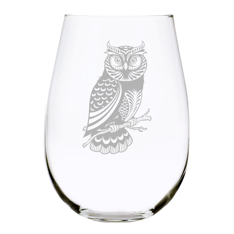 Owl 17oz. Lead Free Crystal stemless wine glass