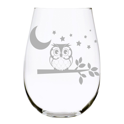 Owl with moon and stars stemless wine glass, 17 oz. Lead Free Crystal