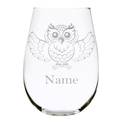 Owl with name 17oz. Lead Free Crystal stemless wine glass