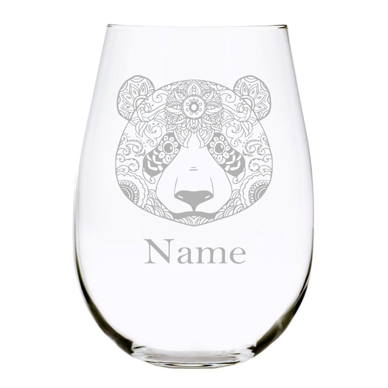 Panda with name 17oz. Lead Free Crystal stemless wine glass