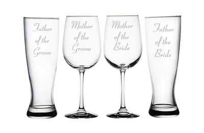 Father of Bride and Groom Pilsner Glasses and Mother of Bride and Groom Wine Glass set