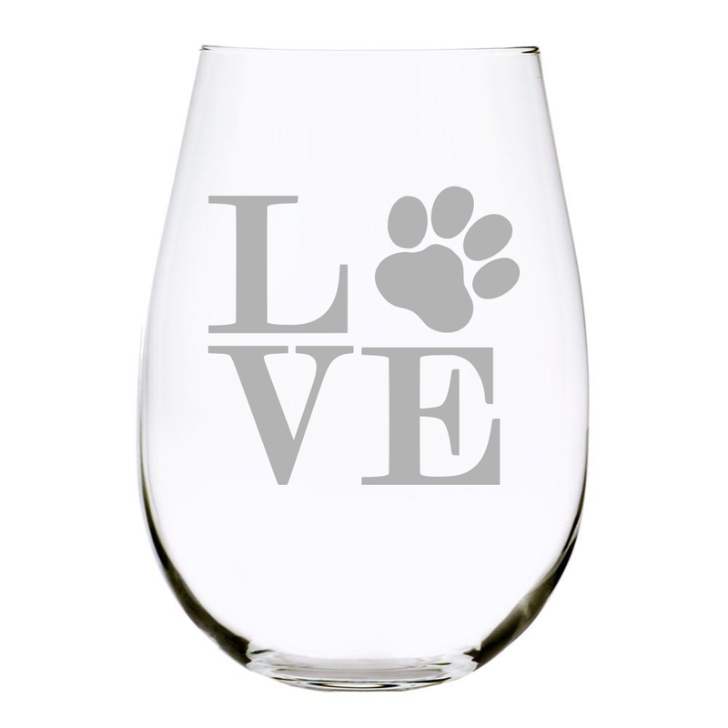 Paw print LOVE 17 oz. stemless wine glass, Lead Free Crystal