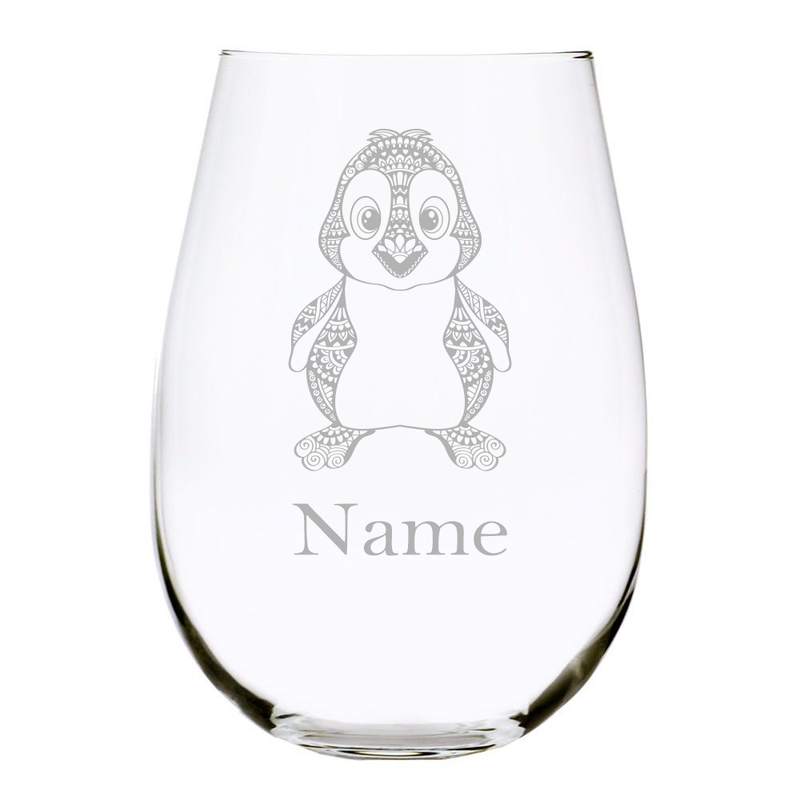 Penguin with name 17oz. Lead Free Crystal stemless wine glass