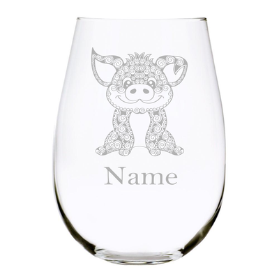 Pig with name 17oz. Lead Free Crystal stemless wine glass