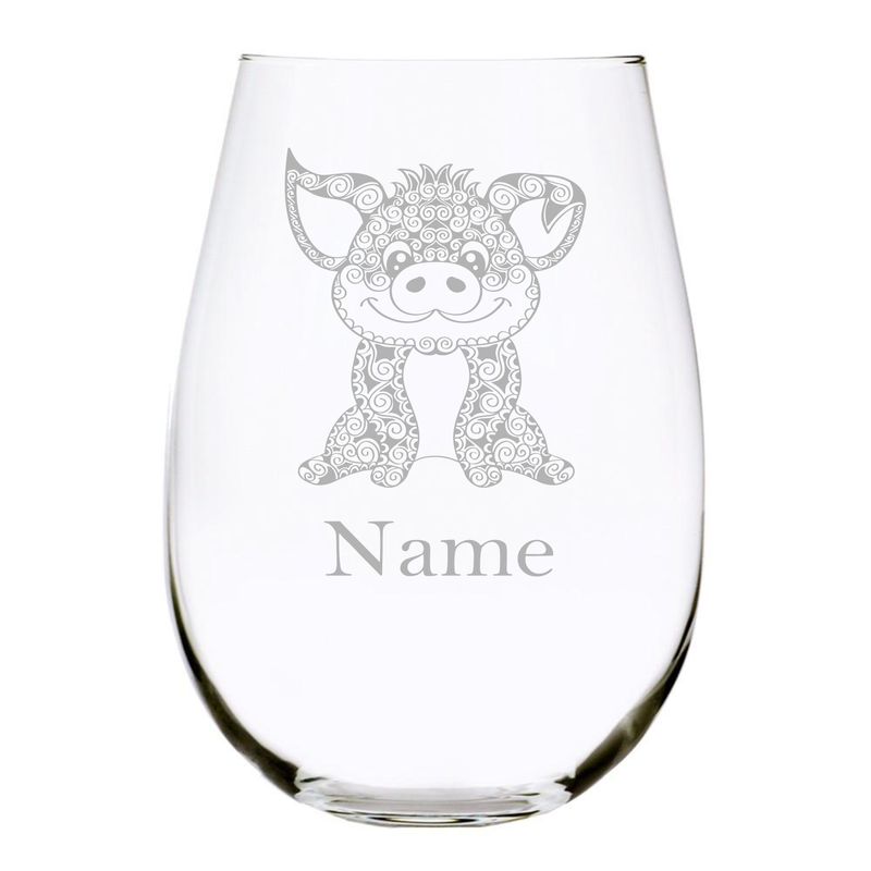 Pig with name 17oz. Lead Free Crystal stemless wine glass