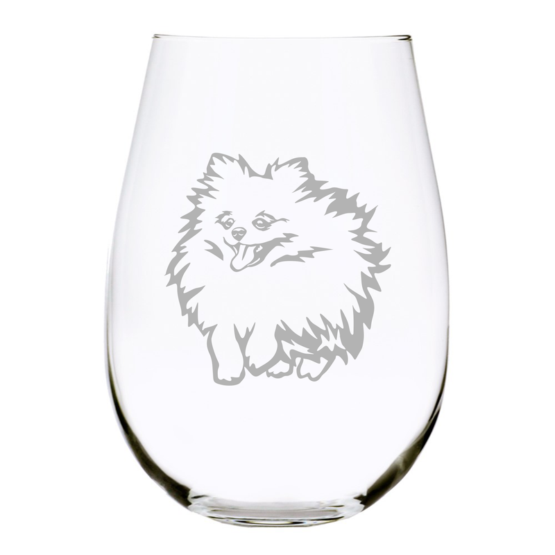 Pomeranian (P2) themed, dog stemless wine glass, 17 oz.