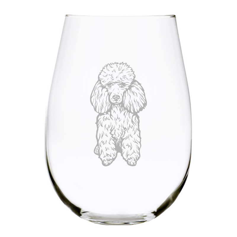 Poodle (P2) themed, dog stemless wine glass, 17 oz.
