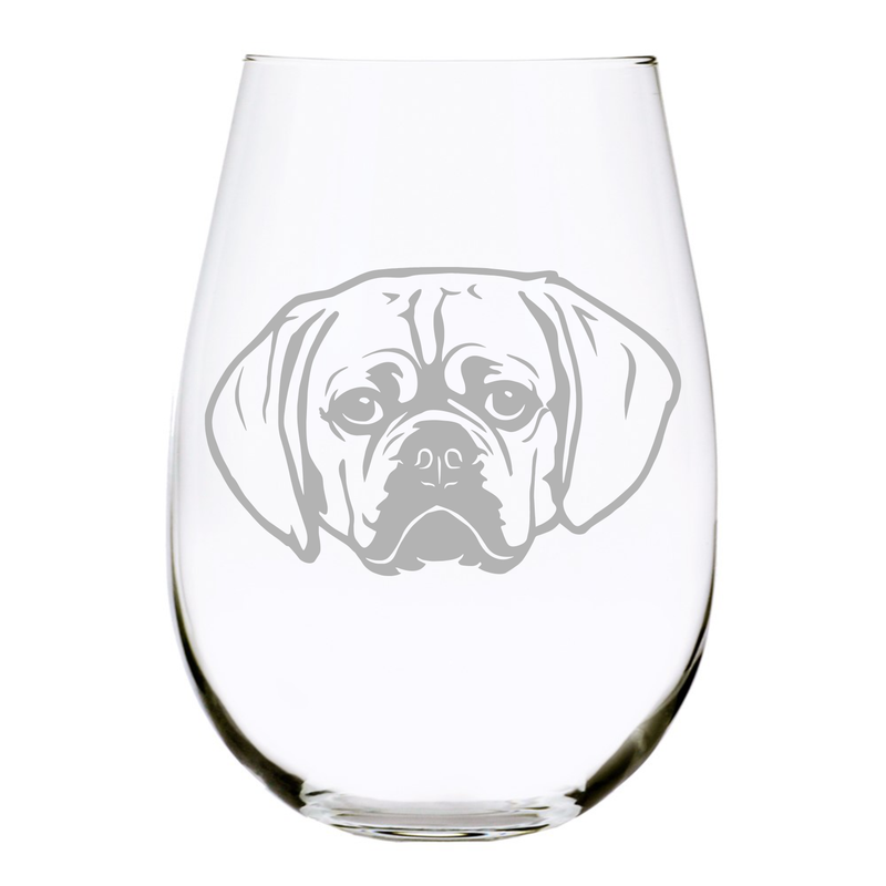 Puggle  themed, dog stemless wine glass, 17 oz.