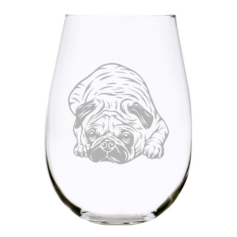Pug (P2) themed, dog stemless wine glass, 17 oz.