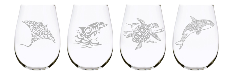 Sea animal stemless wine glass (set of 4) 17oz. Lead Free Crystal