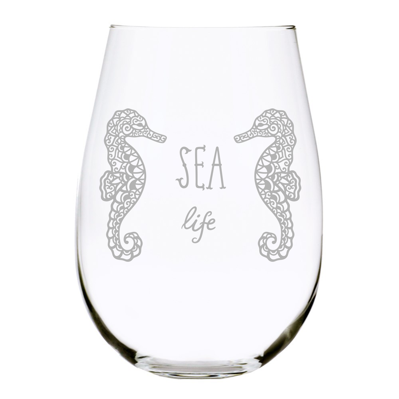 Sea life with sea horse stemless wine glass, 17 oz.