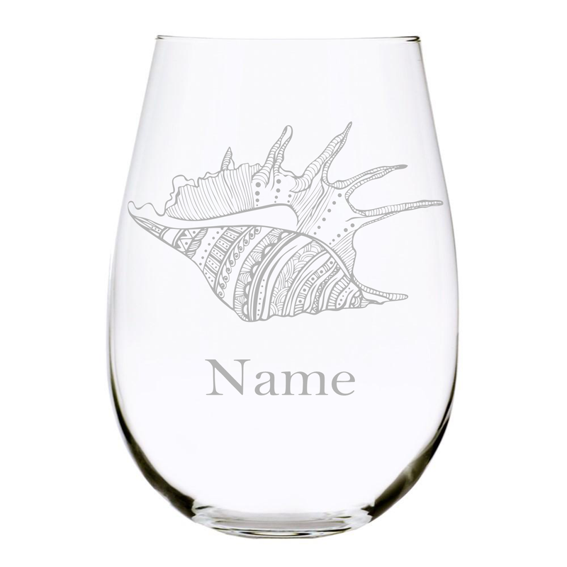 Sea shell with name 17oz. Lead Free Crystal stemless wine glass