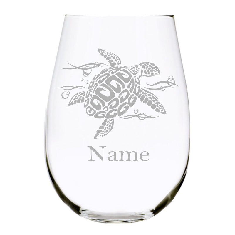 Sea turtle with name 17oz. Lead Free Crystal stemless wine glass