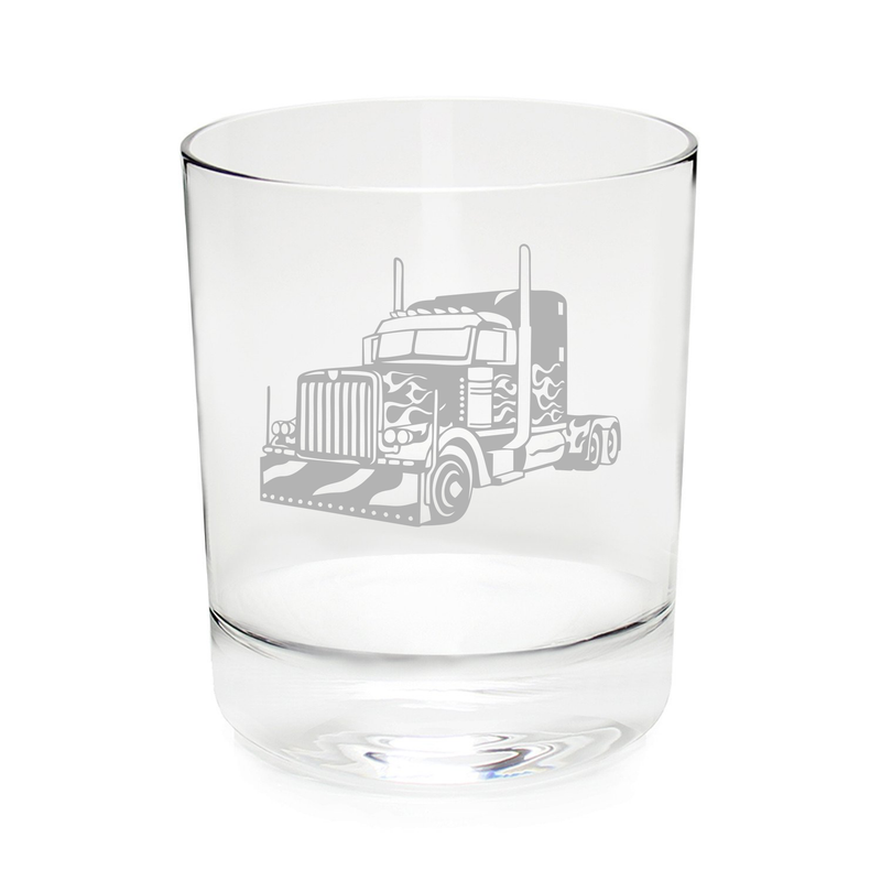 Semi truck etched whiskey glass, 11 oz.