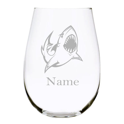 Shark with name 17oz. Lead Free Crystal stemless wine glass
