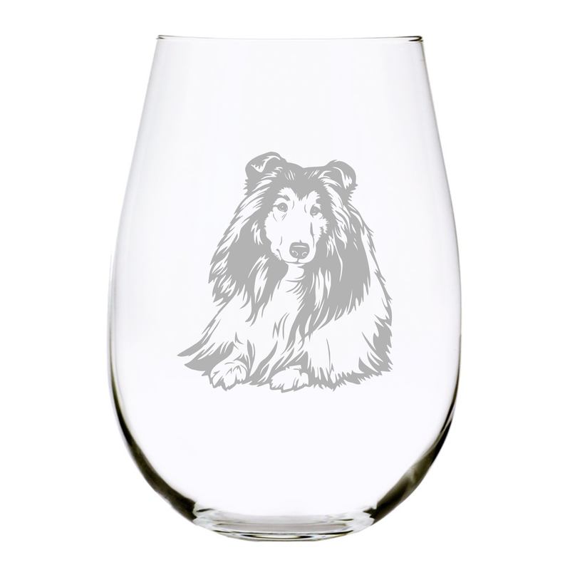 Shetland Sheepdog themed, dog stemless wine glass, 17 oz.