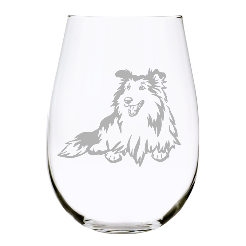 Sheltie (S2)  themed, dog stemless wine glass, 17 oz.