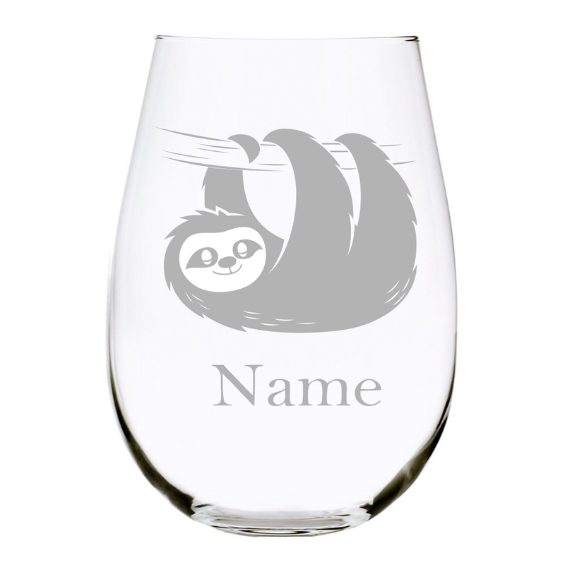Sloth with name 17oz. Lead Free Crystal stemless wine glass