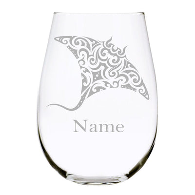 Stingray with name 17oz. Lead Free Crystal stemless wine glass