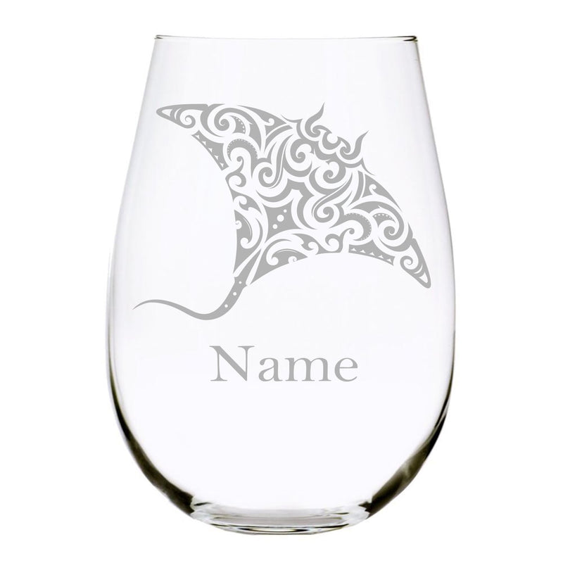 Stingray with name 17oz. Lead Free Crystal stemless wine glass