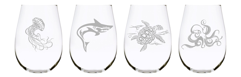 Under the sea animal stemless wine glass (set of 4), 17 oz. Lead Free Crystal