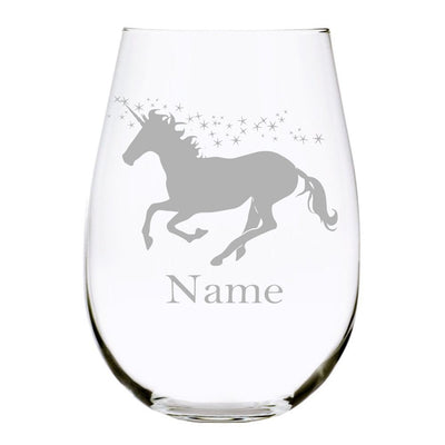 Unicorn with name 17oz. Lead Free Crystal stemless wine glass