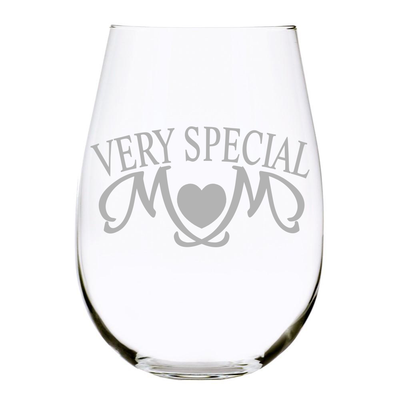 Very Special Mom 17 oz. stemless etched wine glass, Lead Free Crystal
