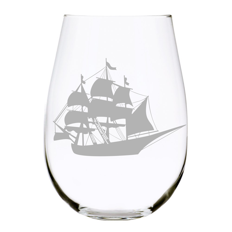Vintage ship nautical  stemless wine glass, 17 oz.