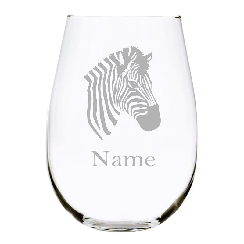Zebra with name 17oz. Lead Free Crystal stemless wine glass